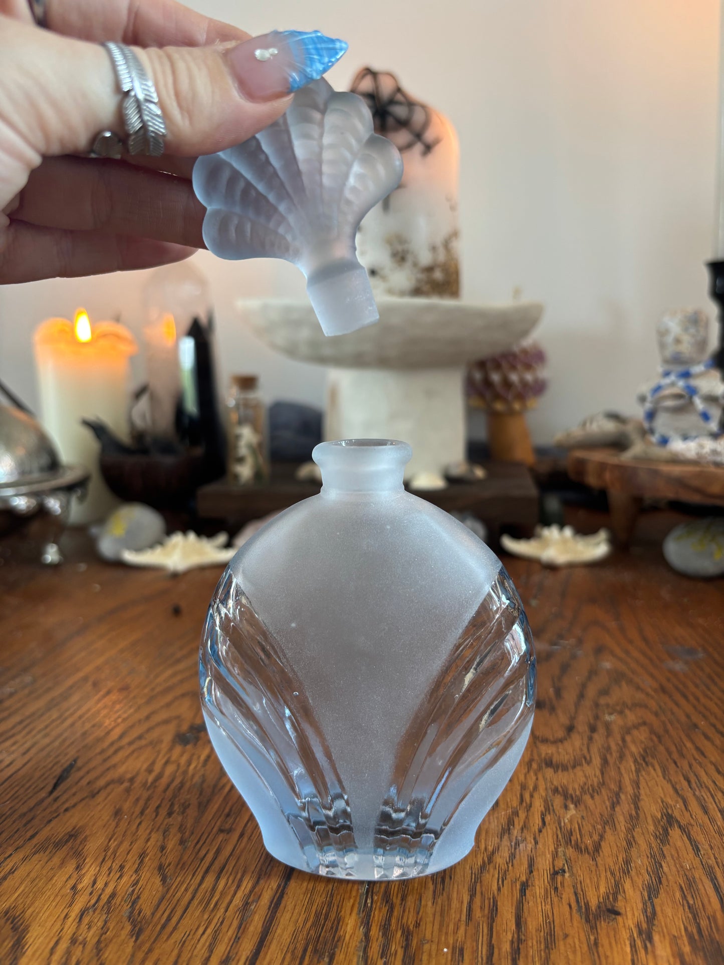 Vintage Frosted Glass Perfume Bottle with Shell Stopper