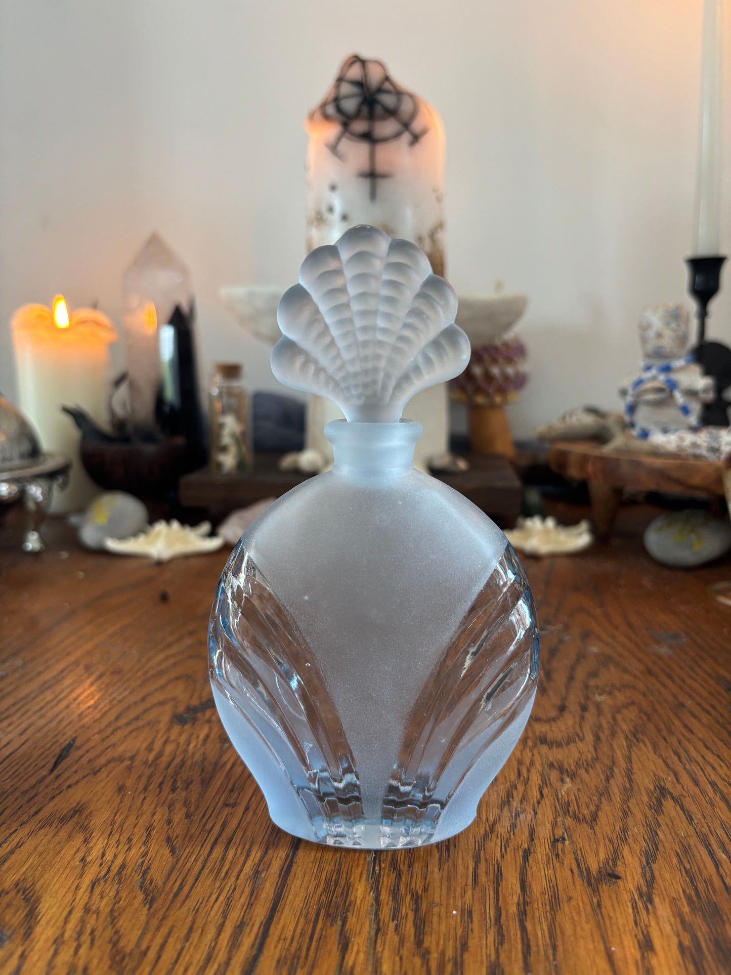 Vintage Frosted Glass Perfume Bottle with Shell Stopper